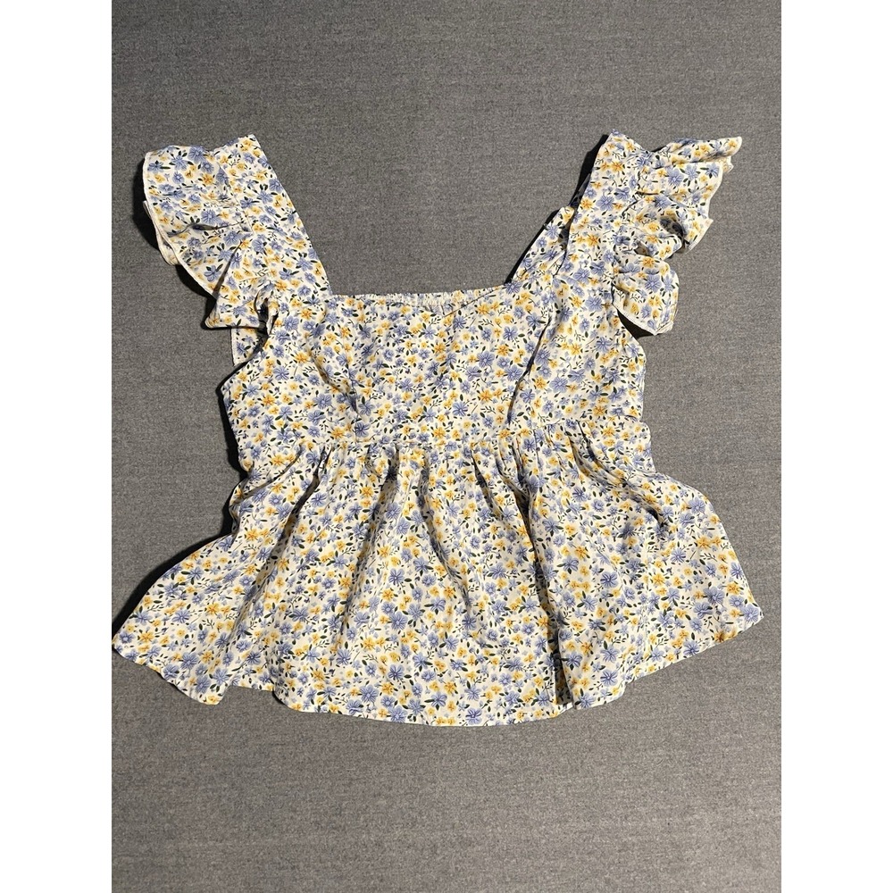 SHEIN Floral Babydoll‎ Top XS Blue Yellow Ruffle Strap Cottagecore Summer Blouse